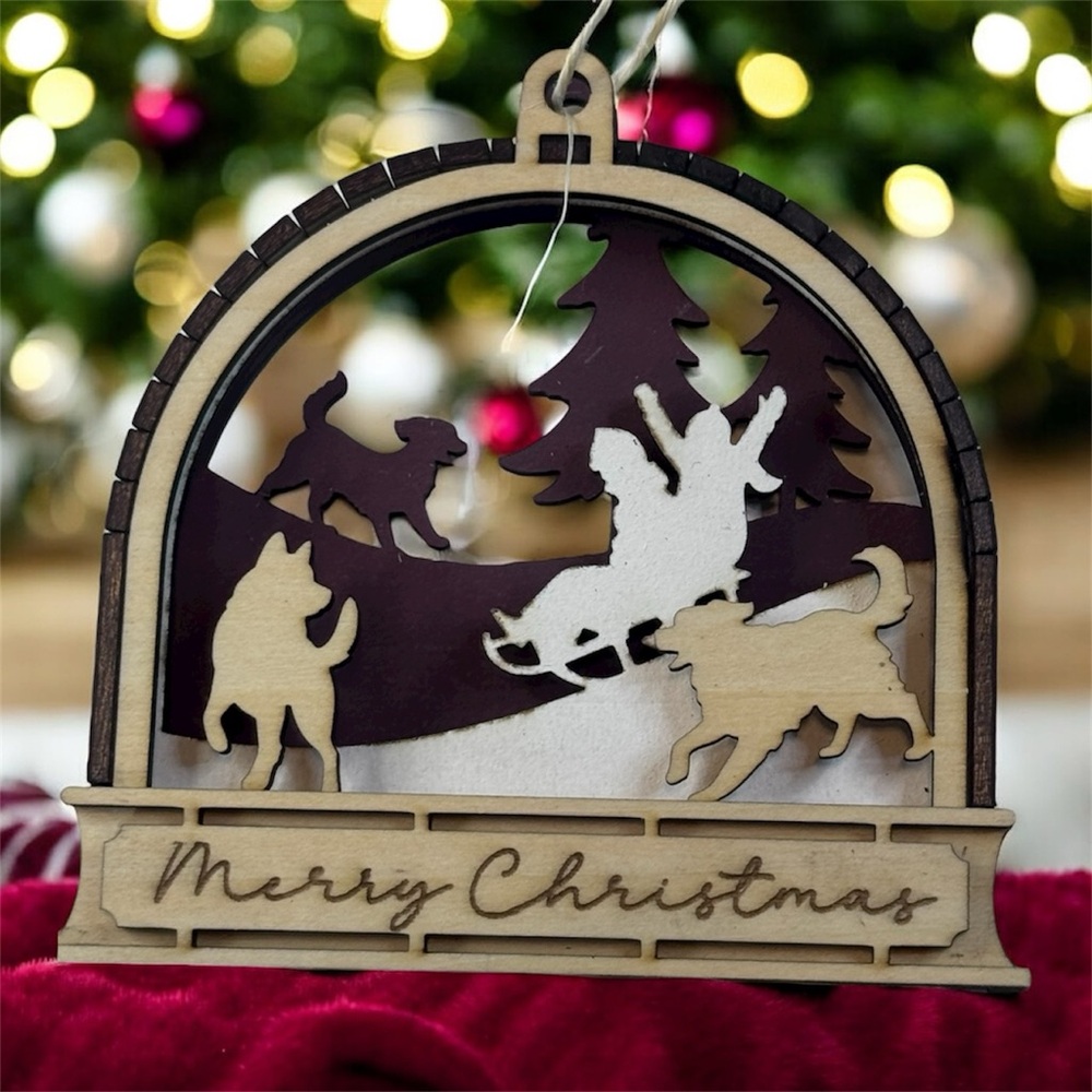 Wooden “Merry Christmas” Ornament with Dogs & Child Sled Scene